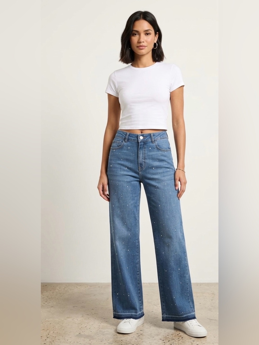ADL High Rise Rhinestone Embellished Wide Leg Raw Hem Jeans Womens Size Small
